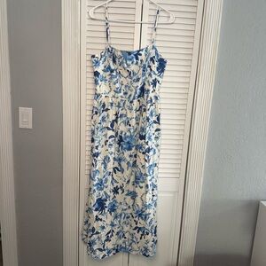 H&M Floral Linen Blend Midi Maxi Dress Size Large Blue White Travel Euro Trip